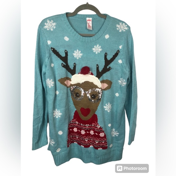 Holiday Time Reindeer w/ Sparkly Eyewear Sweater Christmas Fun Party Wear!🎄 - Picture 2 of 8